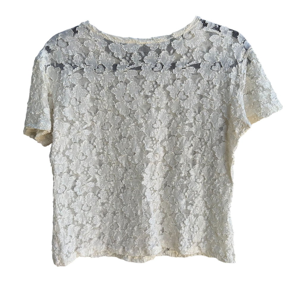 Vintage Y2K Womens Babydoll Ivory Stretch Lace Short Sleeve Semi Sheer Crop Top