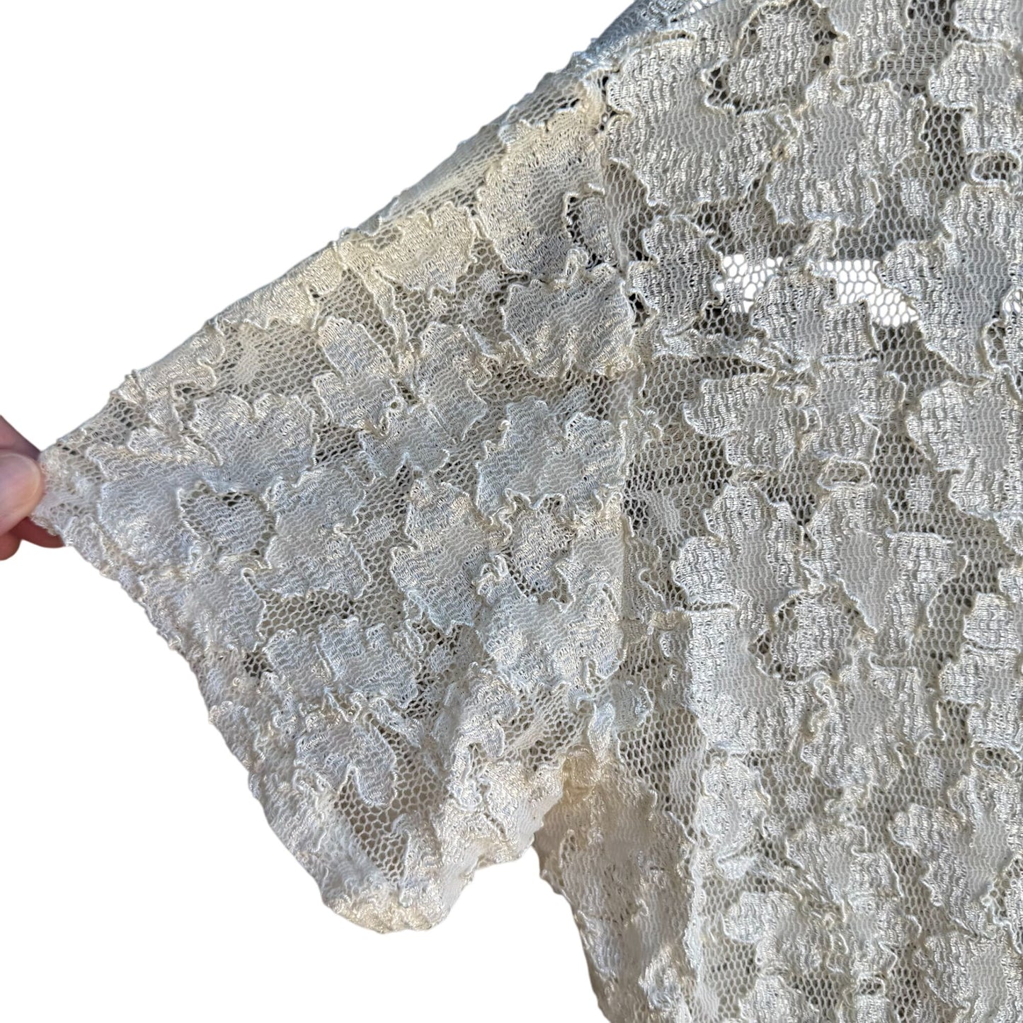 Vintage Y2K Womens Babydoll Ivory Stretch Lace Short Sleeve Semi Sheer Crop Top