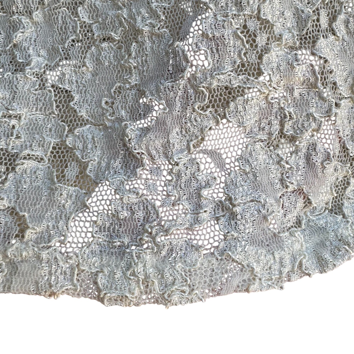 Vintage Y2K Womens Babydoll Ivory Stretch Lace Short Sleeve Semi Sheer Crop Top