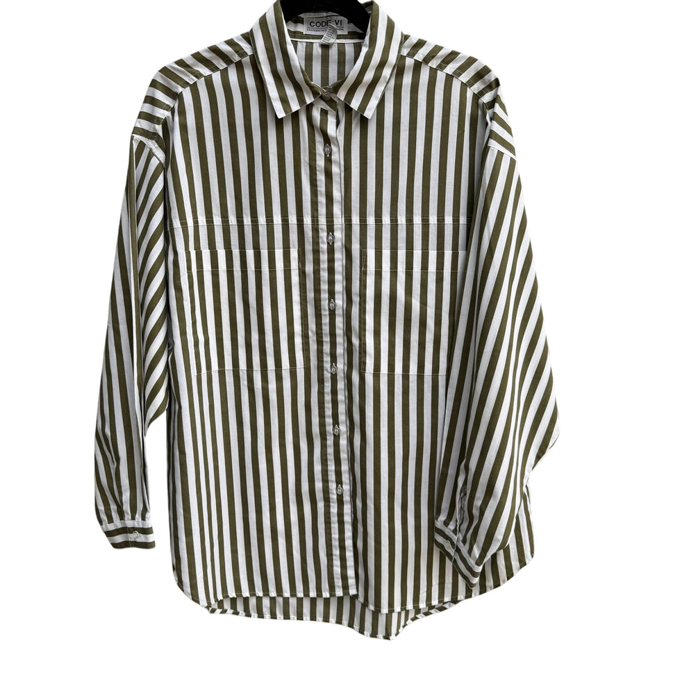Code:Vi Vintage Womens Oversized Green White Striped Button-Up Preppy Shirt 38
