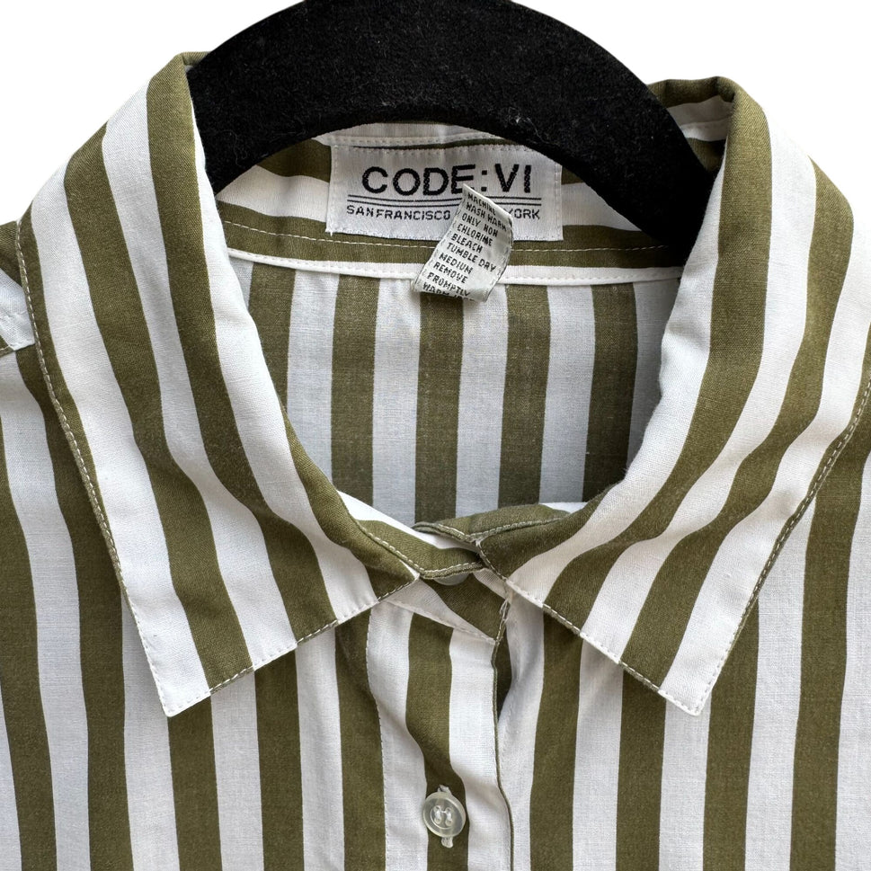 Code:Vi Vintage Womens Oversized Green White Striped Button-Up Preppy Shirt 38