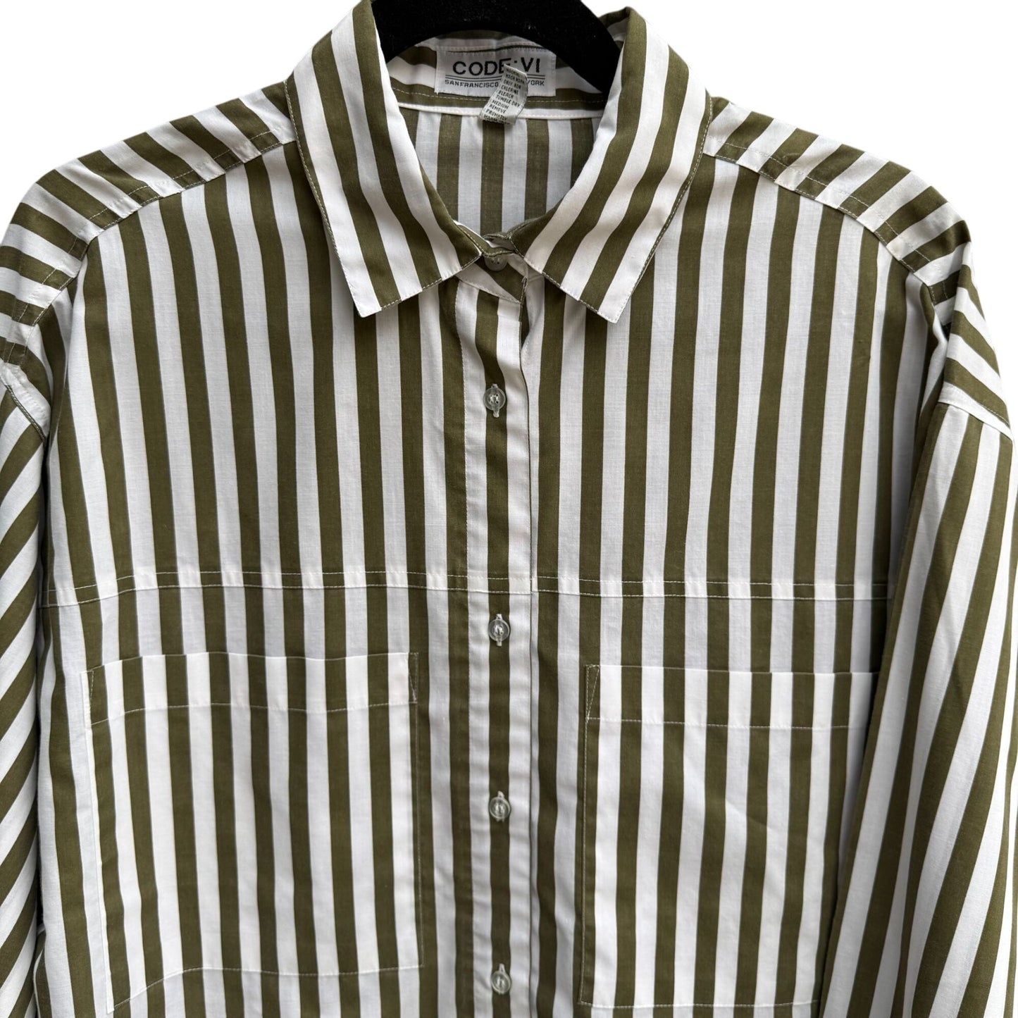 Code:Vi Vintage Womens Oversized Green White Striped Button-Up Preppy Shirt 38