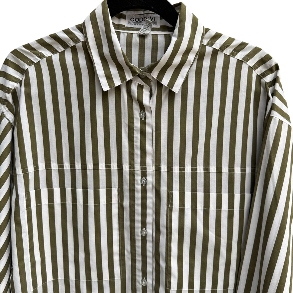 Code:Vi Vintage Womens Oversized Green White Striped Button-Up Preppy Shirt 38