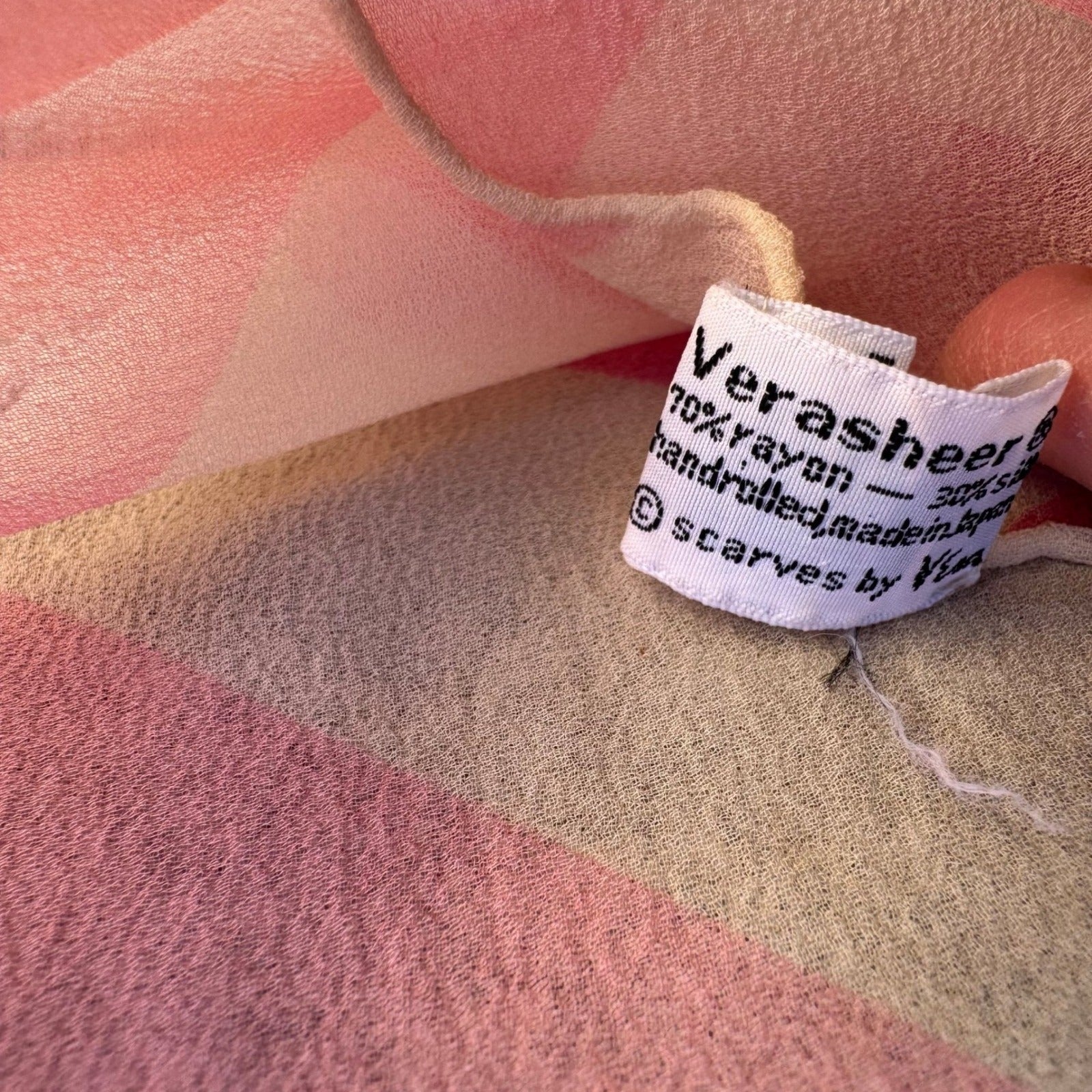 Vera Neumann Verasheer Vintage Scarf Pink Geometric Silk Rayon Hand Rolled Japan