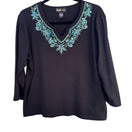 Switch Style &amp; Co Womens Black Teal Floral Embroidered Top Cropped Stretch Pants Set L 3 image