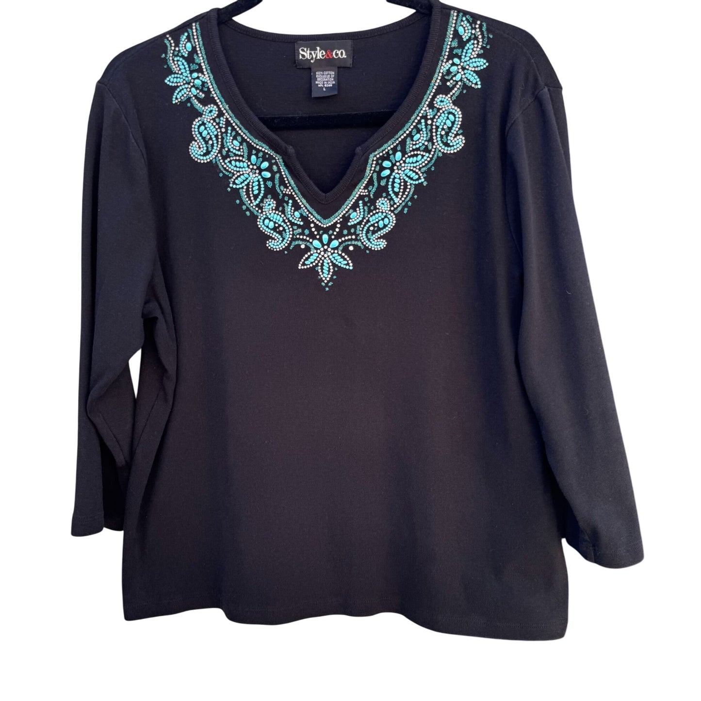 Style & Co Womens Black Teal Floral Embroidered Top Cropped Stretch Pants Set L