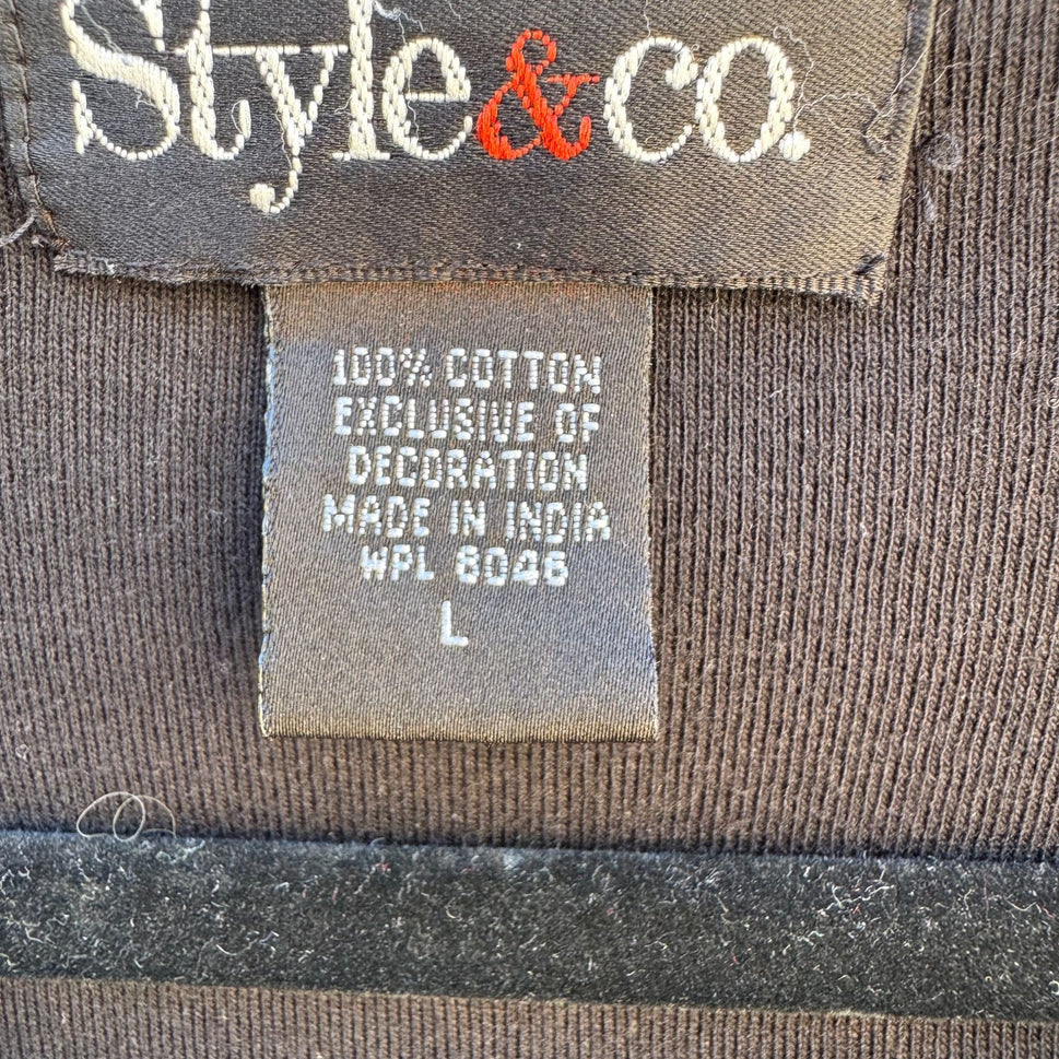 Style & Co Womens Black Teal Floral Embroidered Top Cropped Stretch Pants Set L