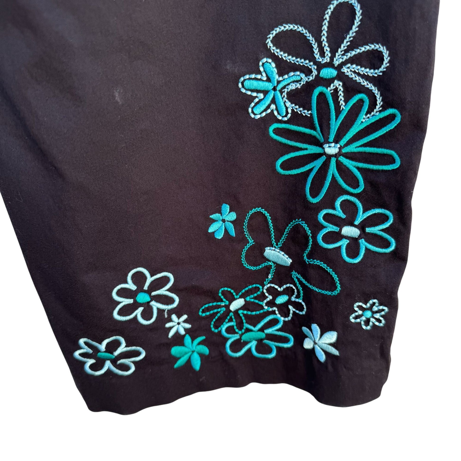 Style & Co Womens Black Teal Floral Embroidered Top Cropped Stretch Pants Set L