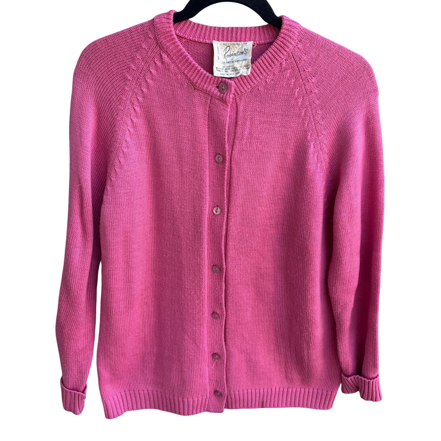 Robinsons Vintage 50s 60s Pink Cardigan Sweater Acrylic Raglan Button Front XL
