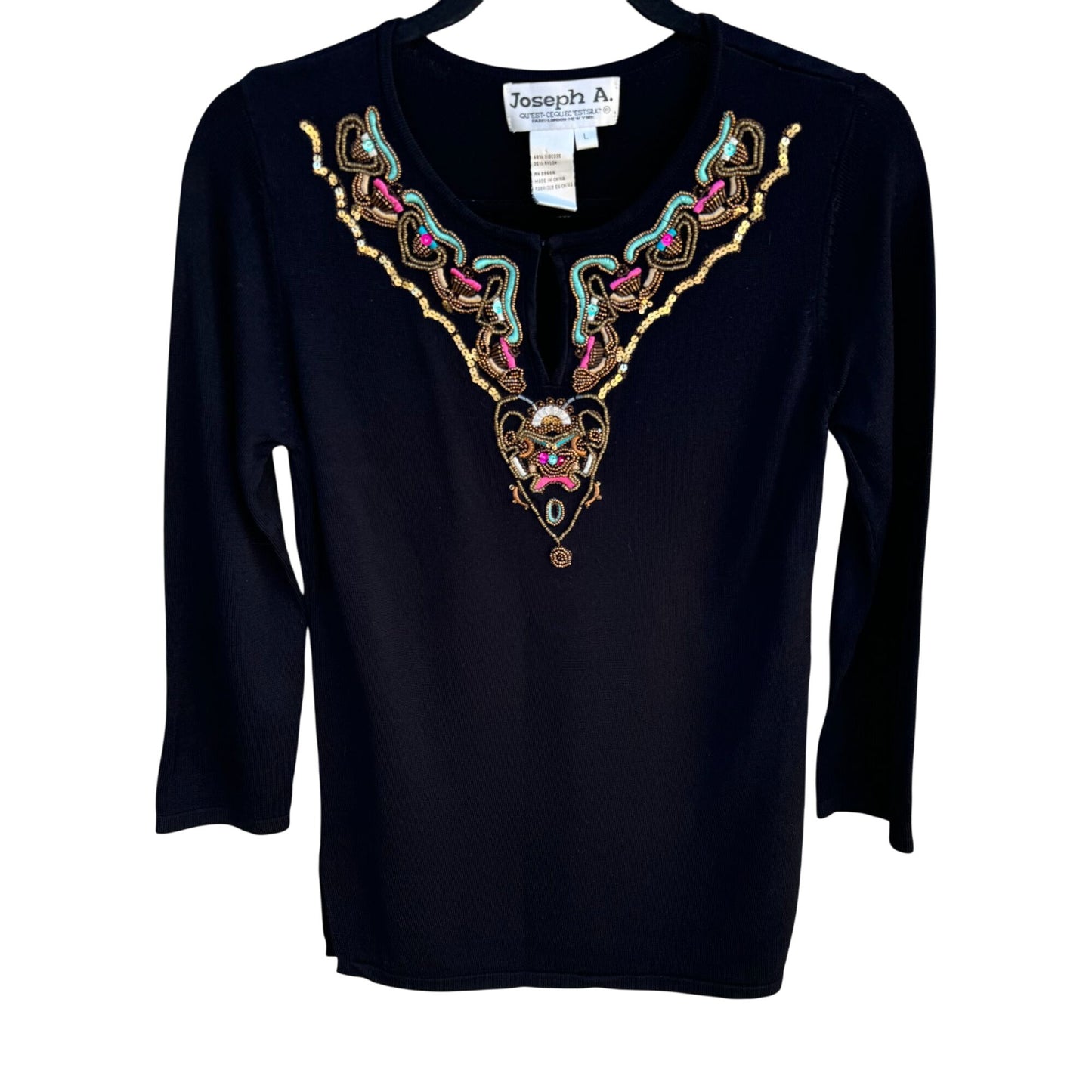 Joseph A. Black Embellished Beaded Sequin V-Neck Long-Sleeve Knit Sweater Top L