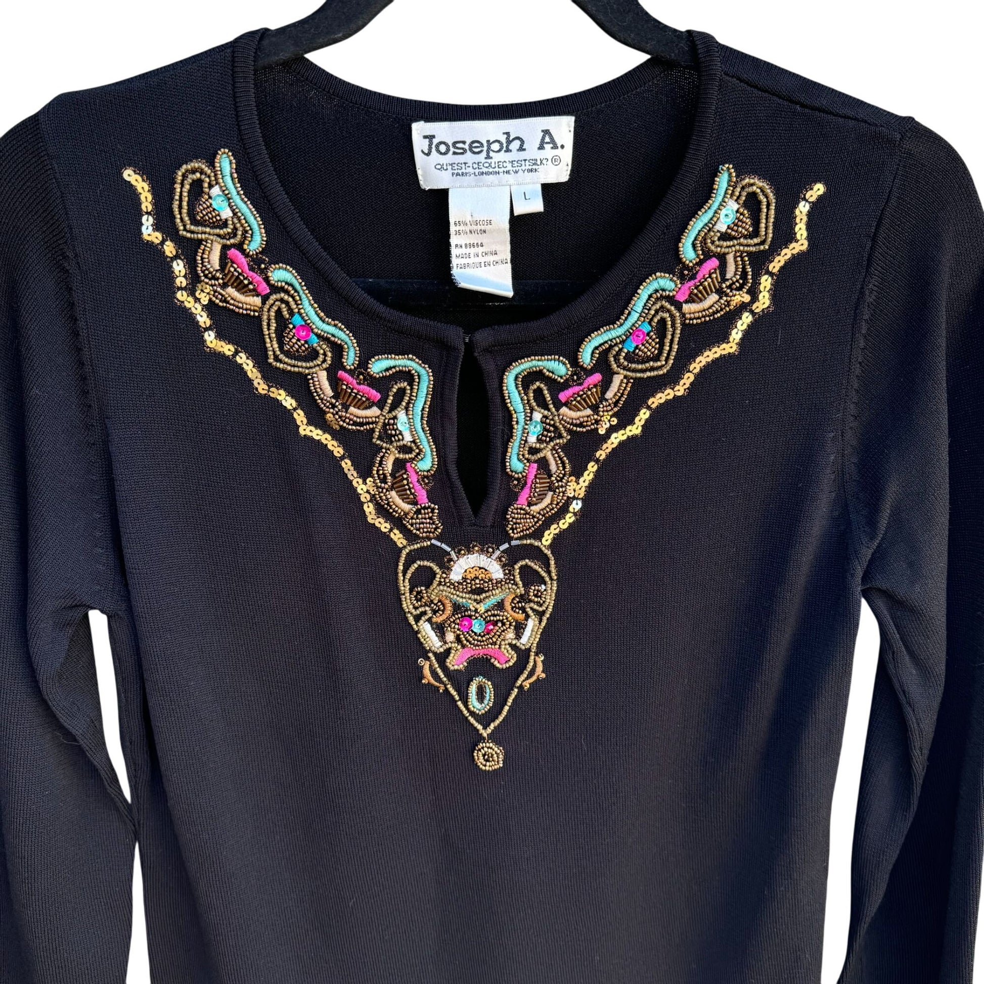 Joseph A. Black Embellished Beaded Sequin V-Neck Long-Sleeve Knit Sweater Top L