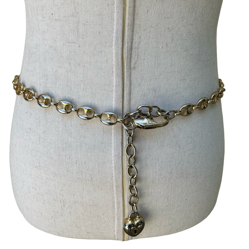 Vintage Y2K Glam Gold Tone Heart Charm Locket Dangle Link Chain Belt Adjustable
