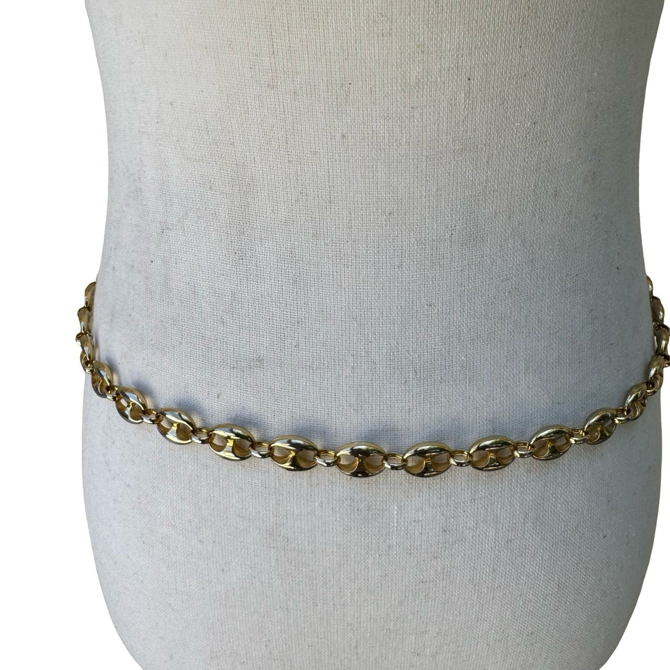 Vintage Y2K Glam Gold Tone Heart Charm Locket Dangle Link Chain Belt Adjustable