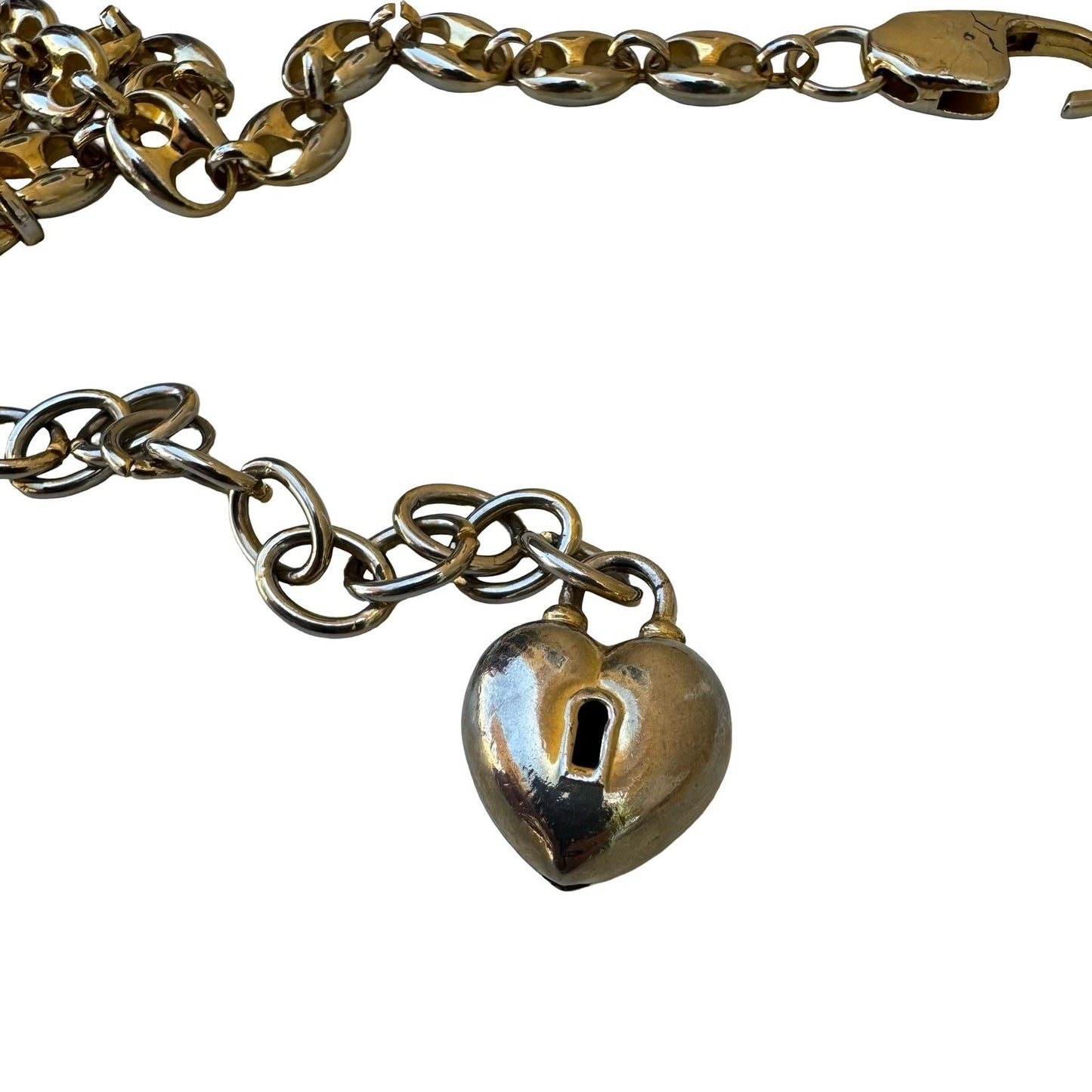 Vintage Y2K Glam Gold Tone Heart Charm Locket Dangle Link Chain Belt Adjustable