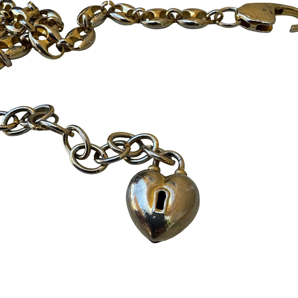 Vintage Y2K Glam Gold Tone Heart Charm Locket Dangle Link Chain Belt Adjustable