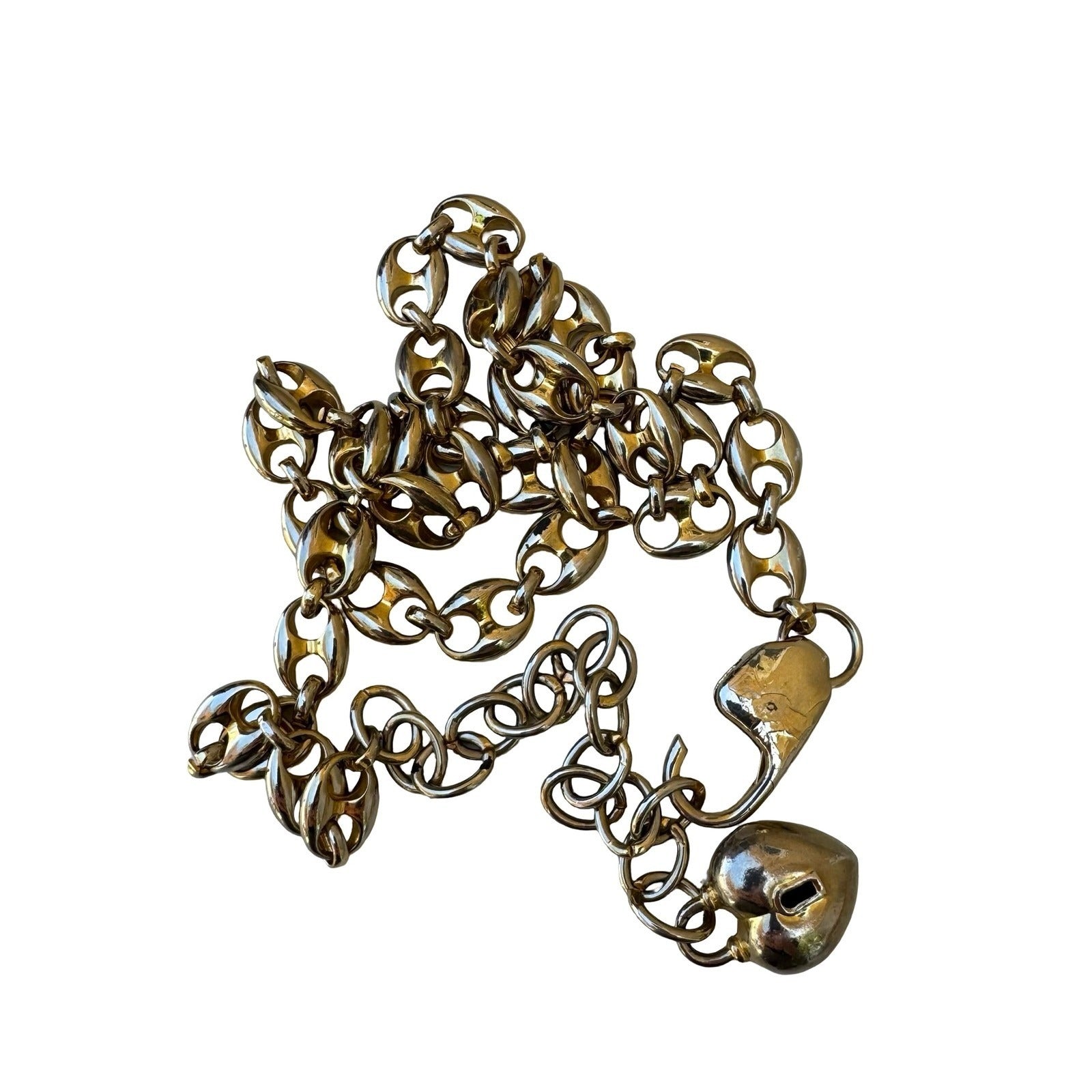 Vintage Y2K Glam Gold Tone Heart Charm Locket Dangle Link Chain Belt Adjustable