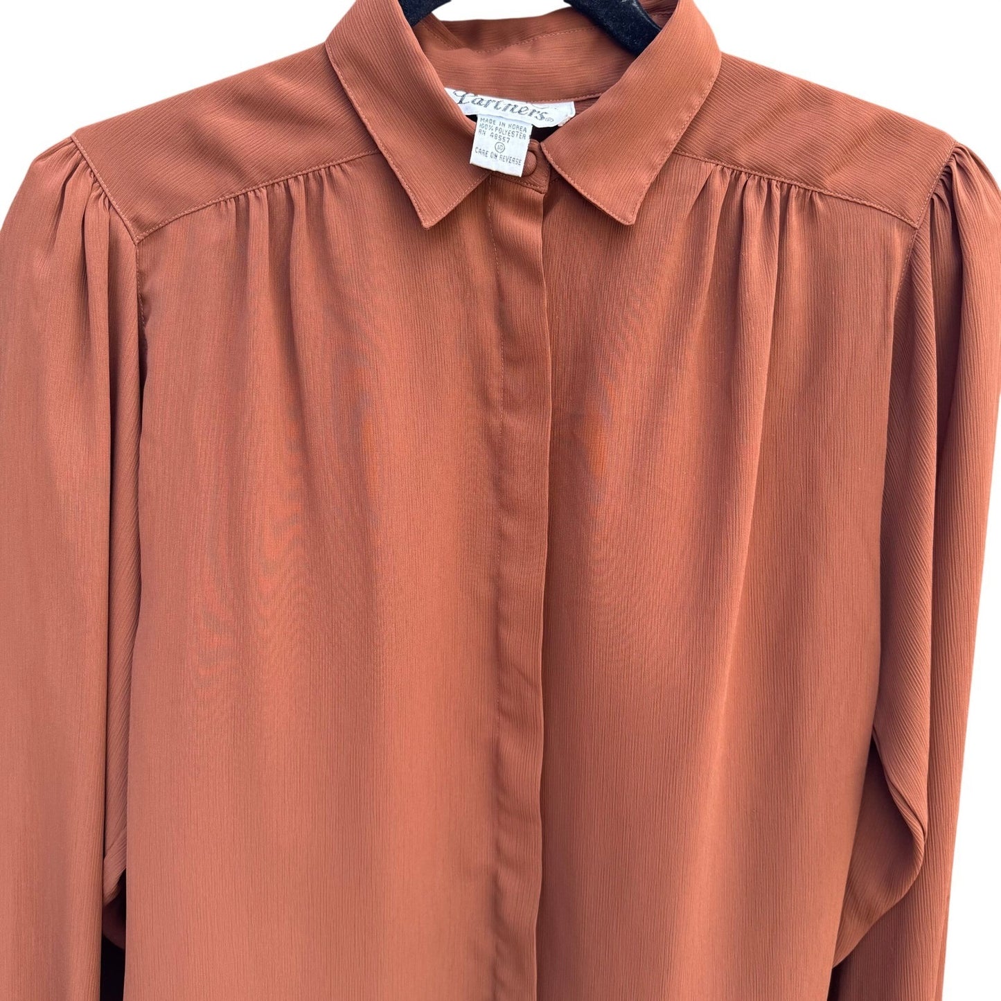 Partners Vintage 80s Rust Terracotta Puff Pleated Shoulder Button Up Blouse 10