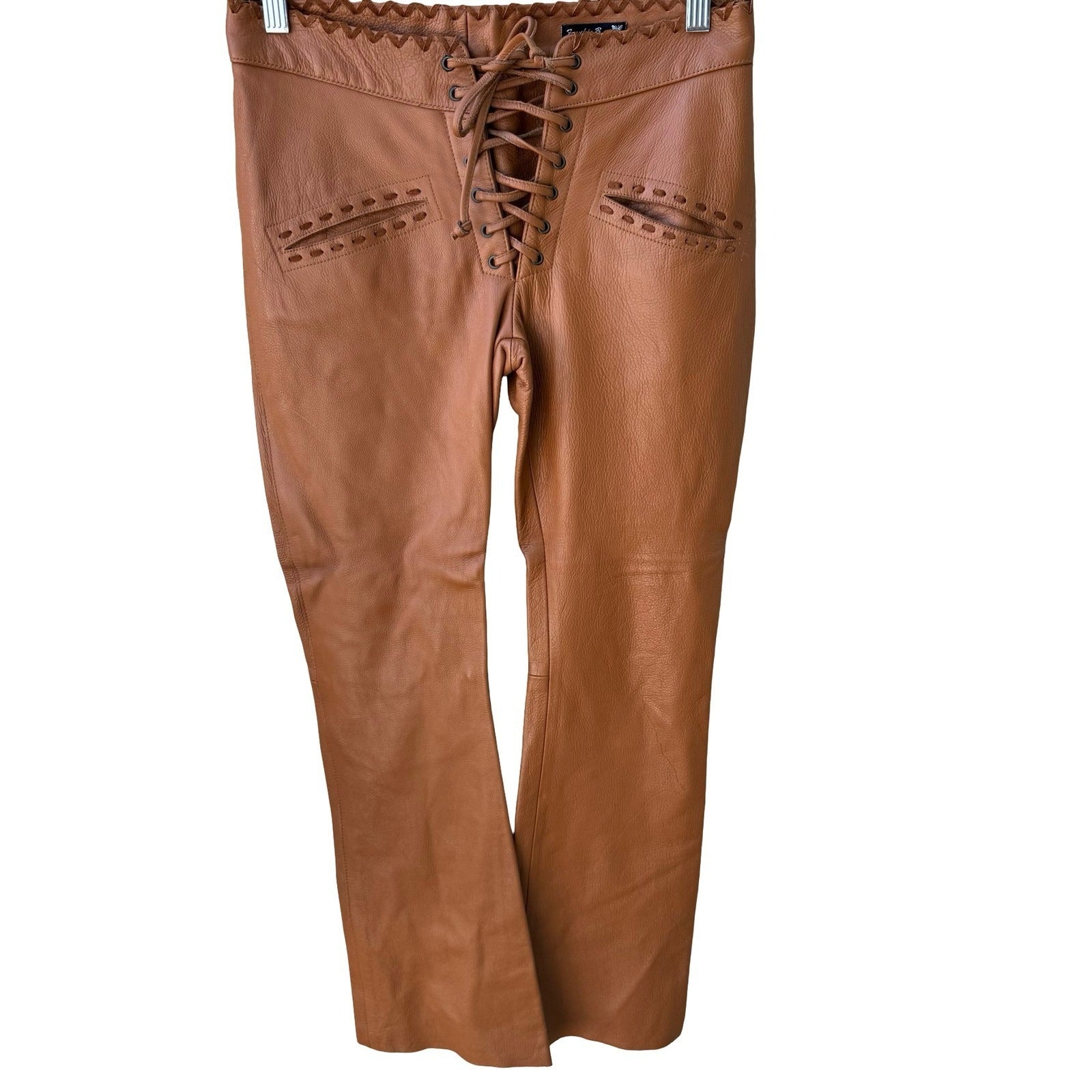 Frankie B Y2K Western Boho Biker Moto Leather Lace Up Pants Cognac Whipstitch XS