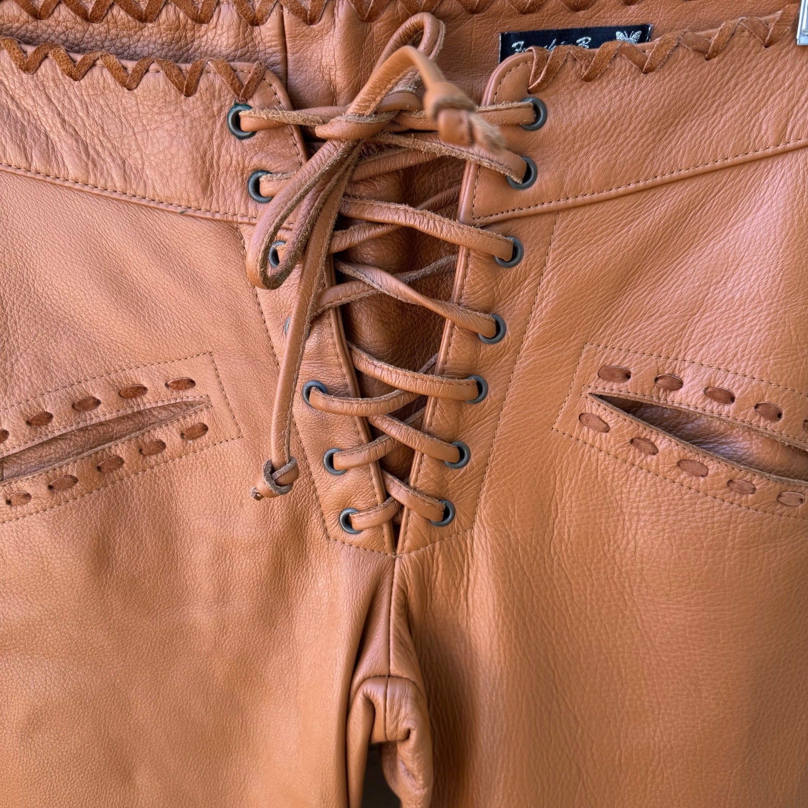 Frankie B Y2K Western Boho Biker Moto Leather Lace Up Pants Cognac Whipstitch XS