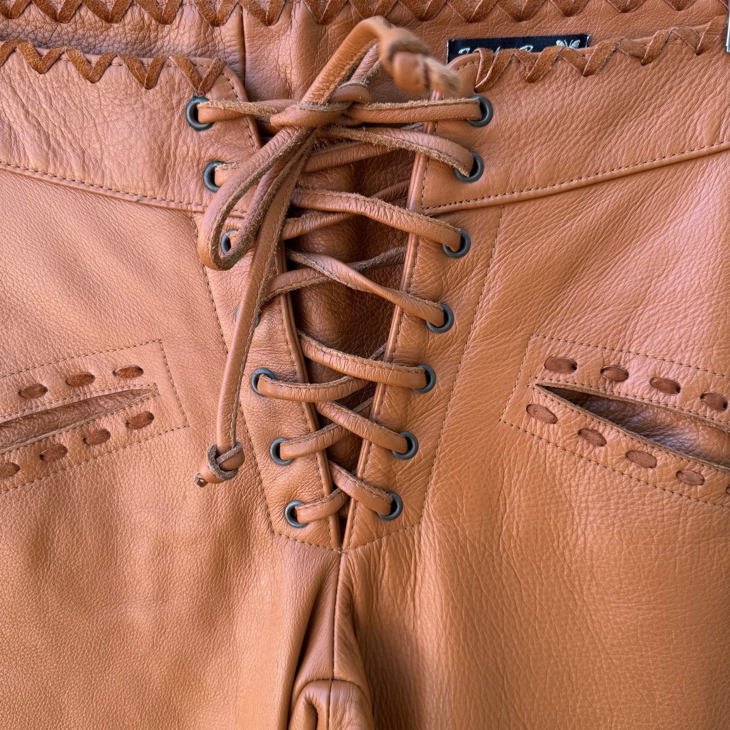 Frankie B Y2K Western Boho Biker Moto Leather Lace Up Pants Cognac Whipstitch XS