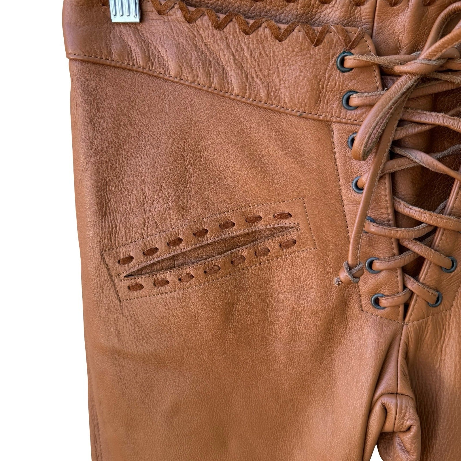 Frankie B Y2K Western Boho Biker Moto Leather Lace Up Pants Cognac Whipstitch XS