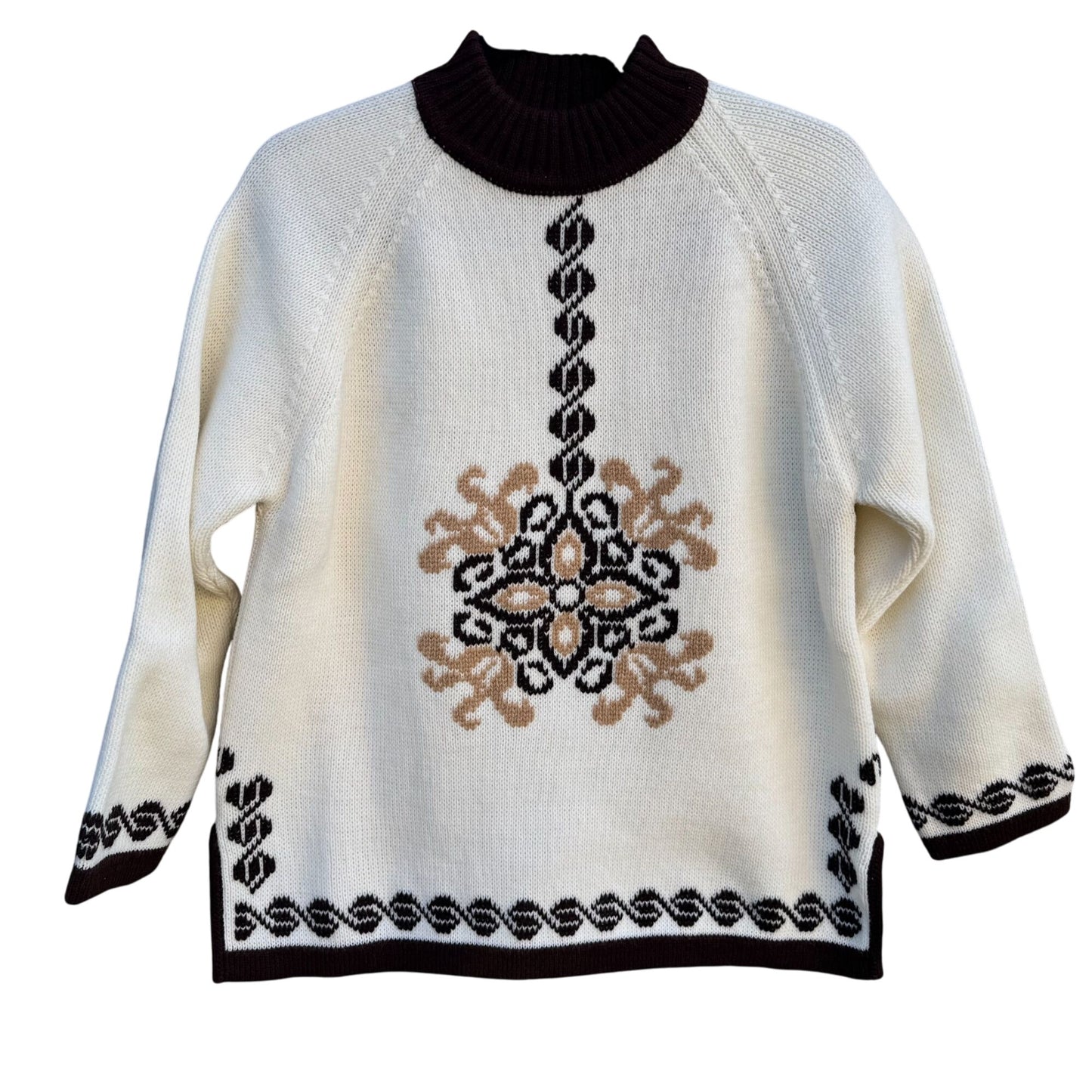 Vintage 60s 70s Cream Brown Knit High Zip Collar Geometric Nordic Ski Sweater XL