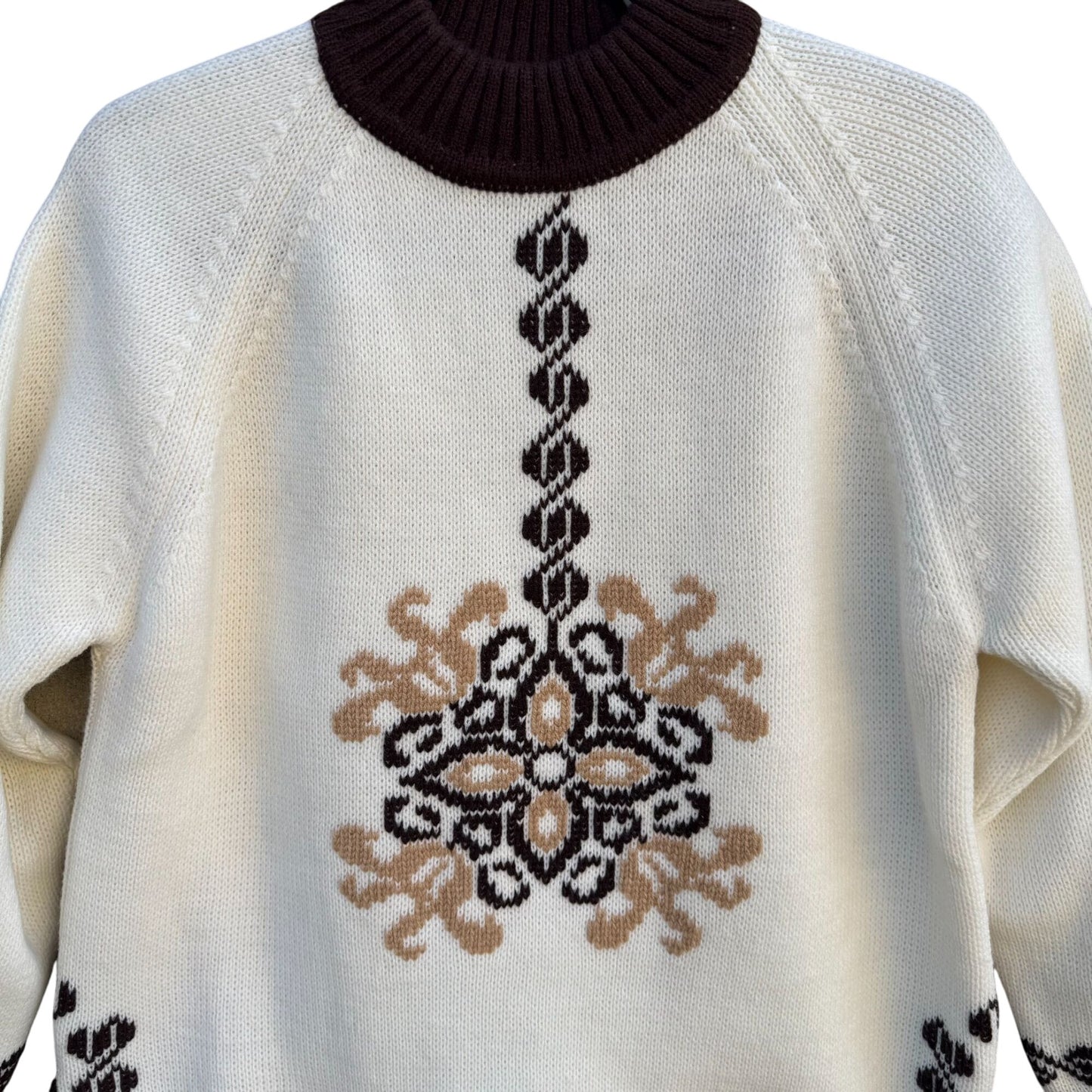 Vintage 60s 70s Cream Brown Knit High Zip Collar Geometric Nordic Ski Sweater XL