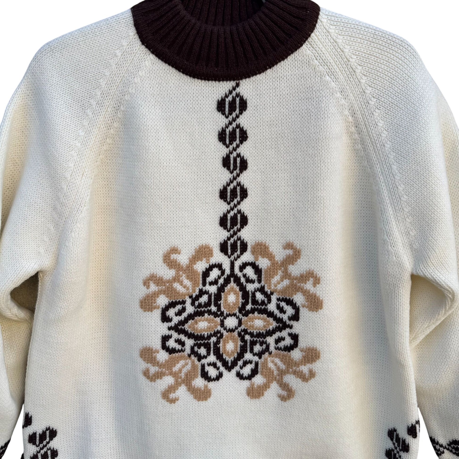 Vintage 60s 70s Cream Brown Knit High Zip Collar Geometric Nordic Ski Sweater XL