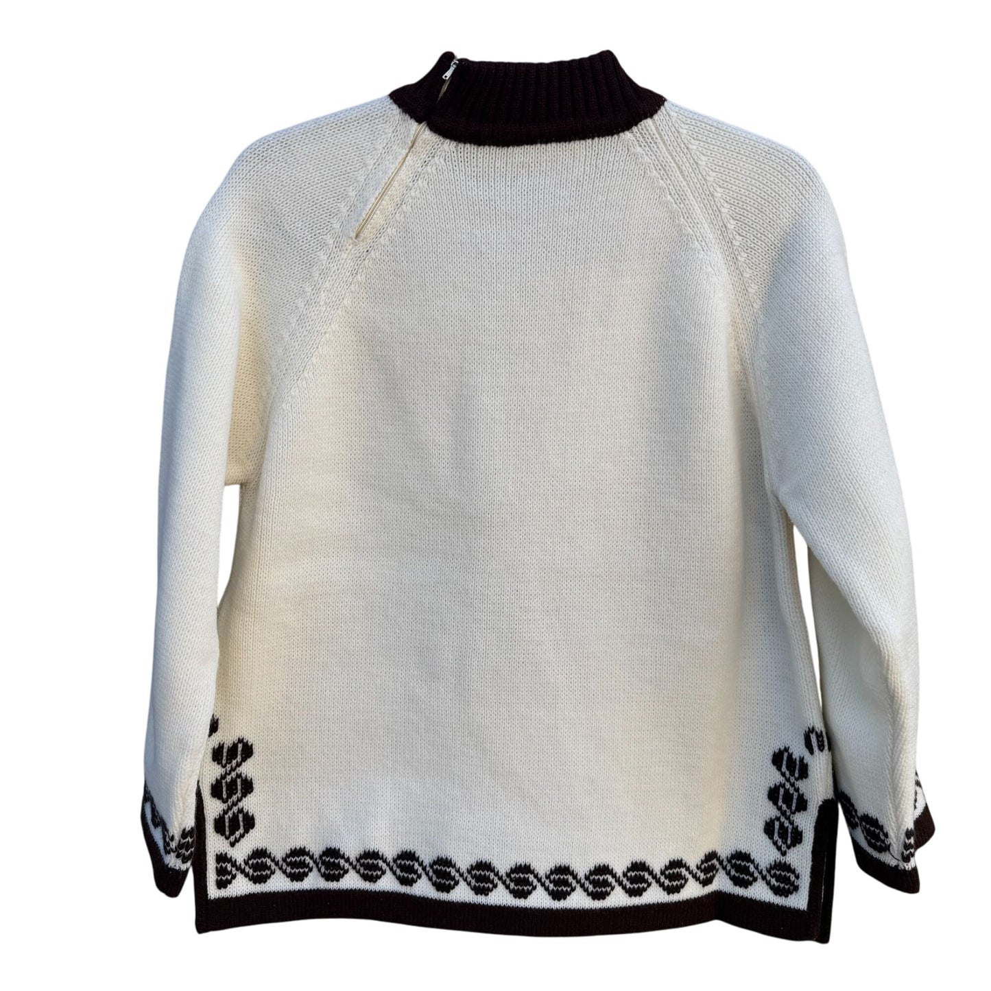 Vintage 60s 70s Cream Brown Knit High Zip Collar Geometric Nordic Ski Sweater XL