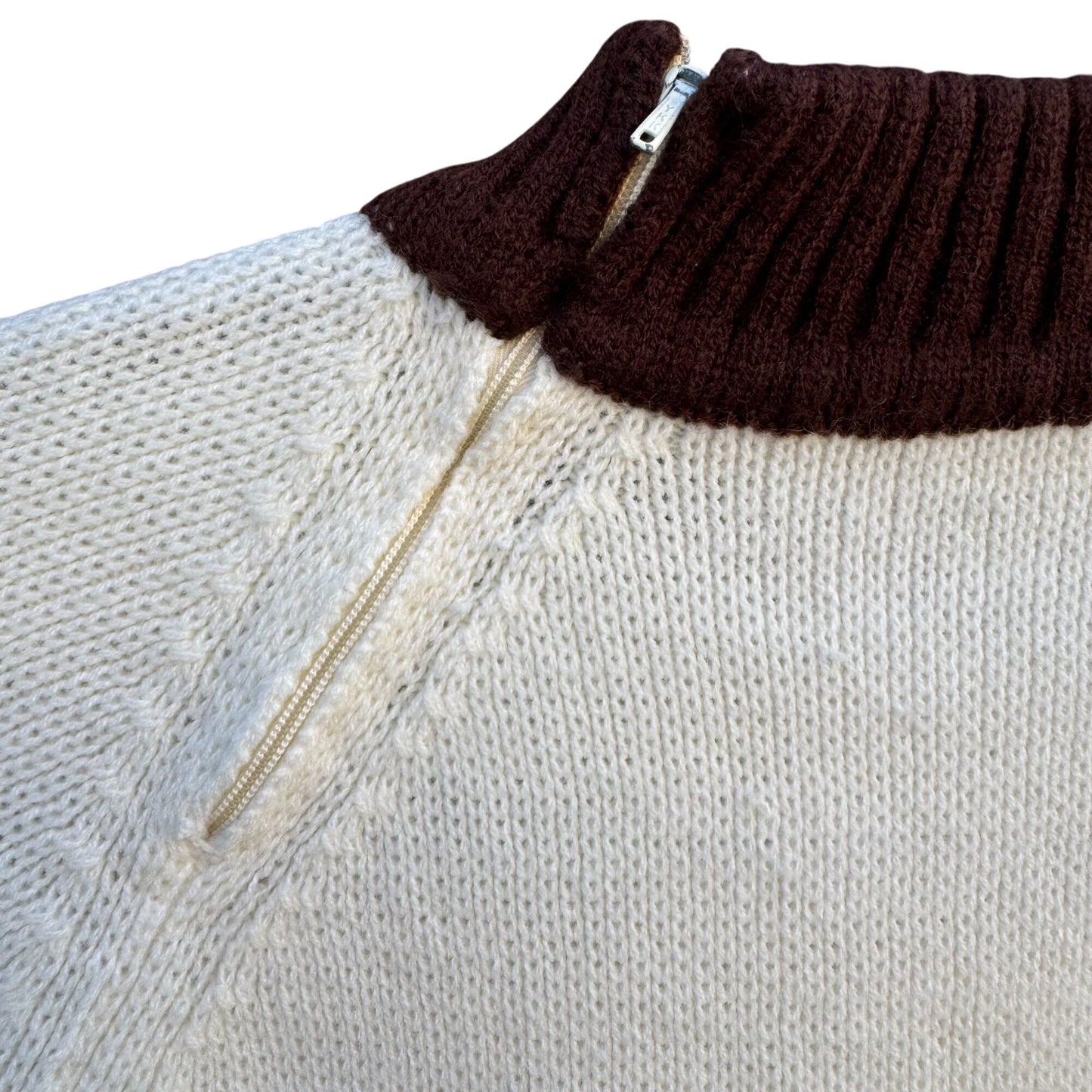 Vintage 60s 70s Cream Brown Knit High Zip Collar Geometric Nordic Ski Sweater XL