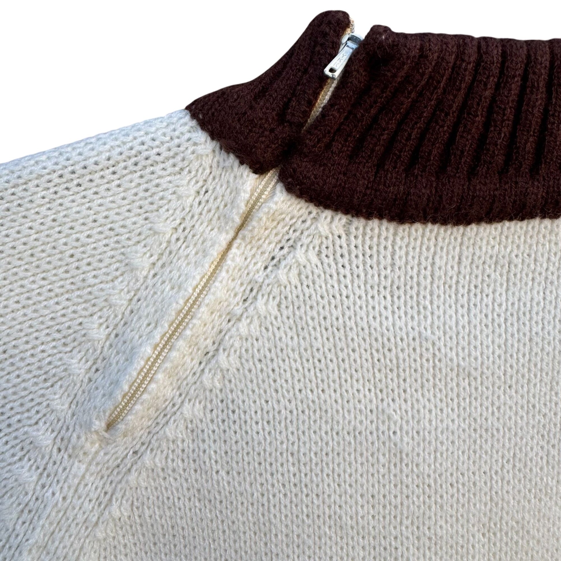 Vintage 60s 70s Cream Brown Knit High Zip Collar Geometric Nordic Ski Sweater XL