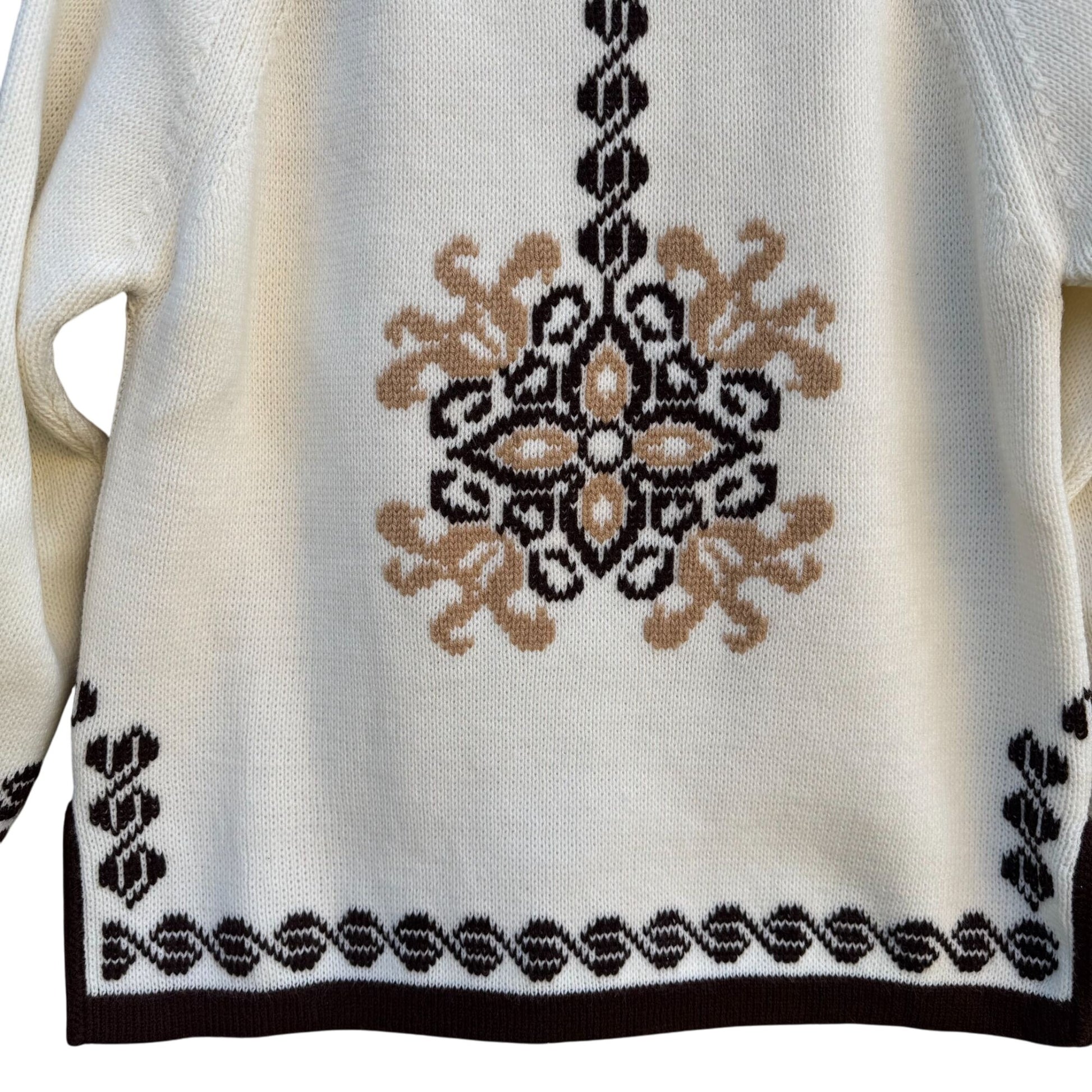 Vintage 60s 70s Cream Brown Knit High Zip Collar Geometric Nordic Ski Sweater XL