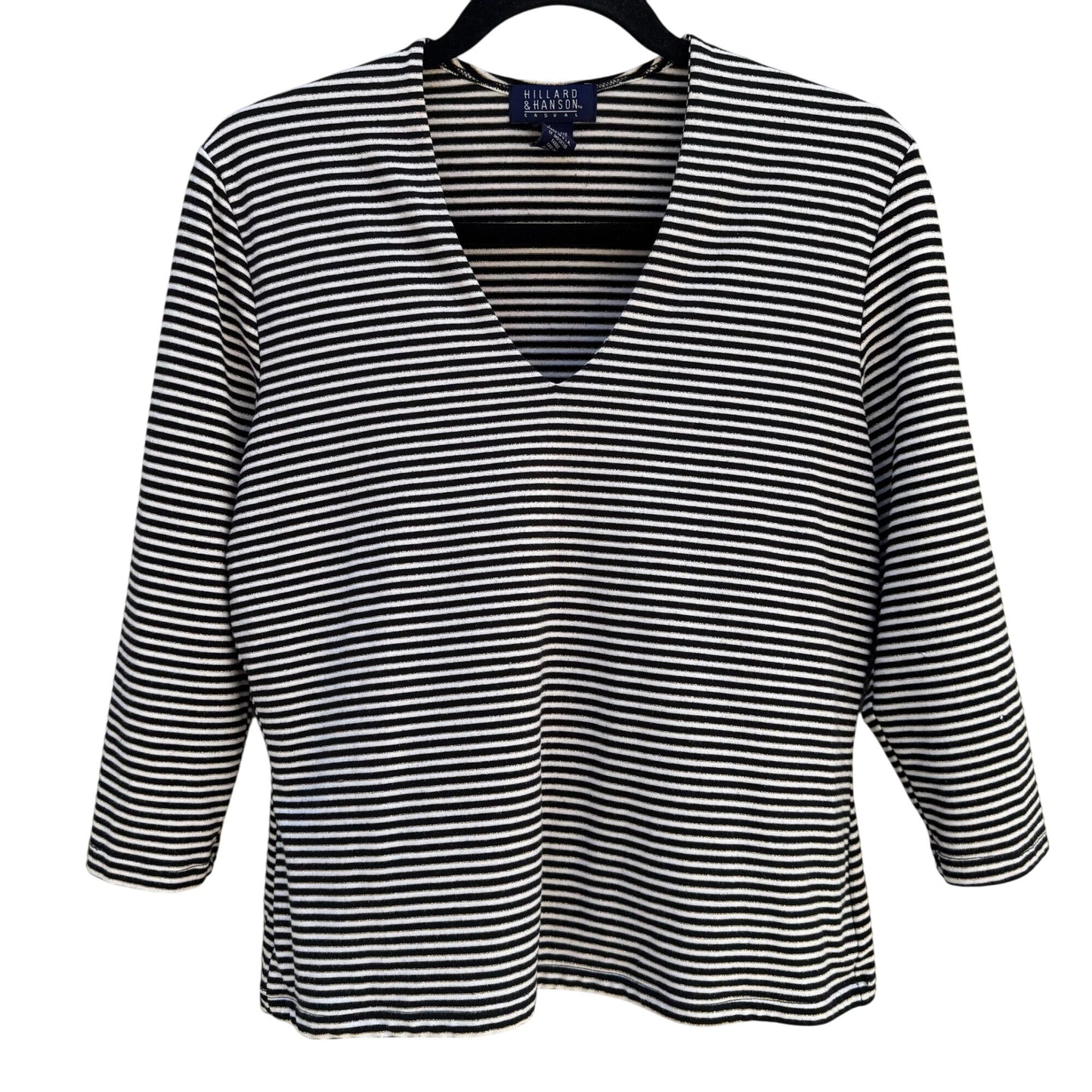 Hillard & Hanson Black/White Striped V-Neck 3/4 Sleeve V Neck Womens Shirt Top L