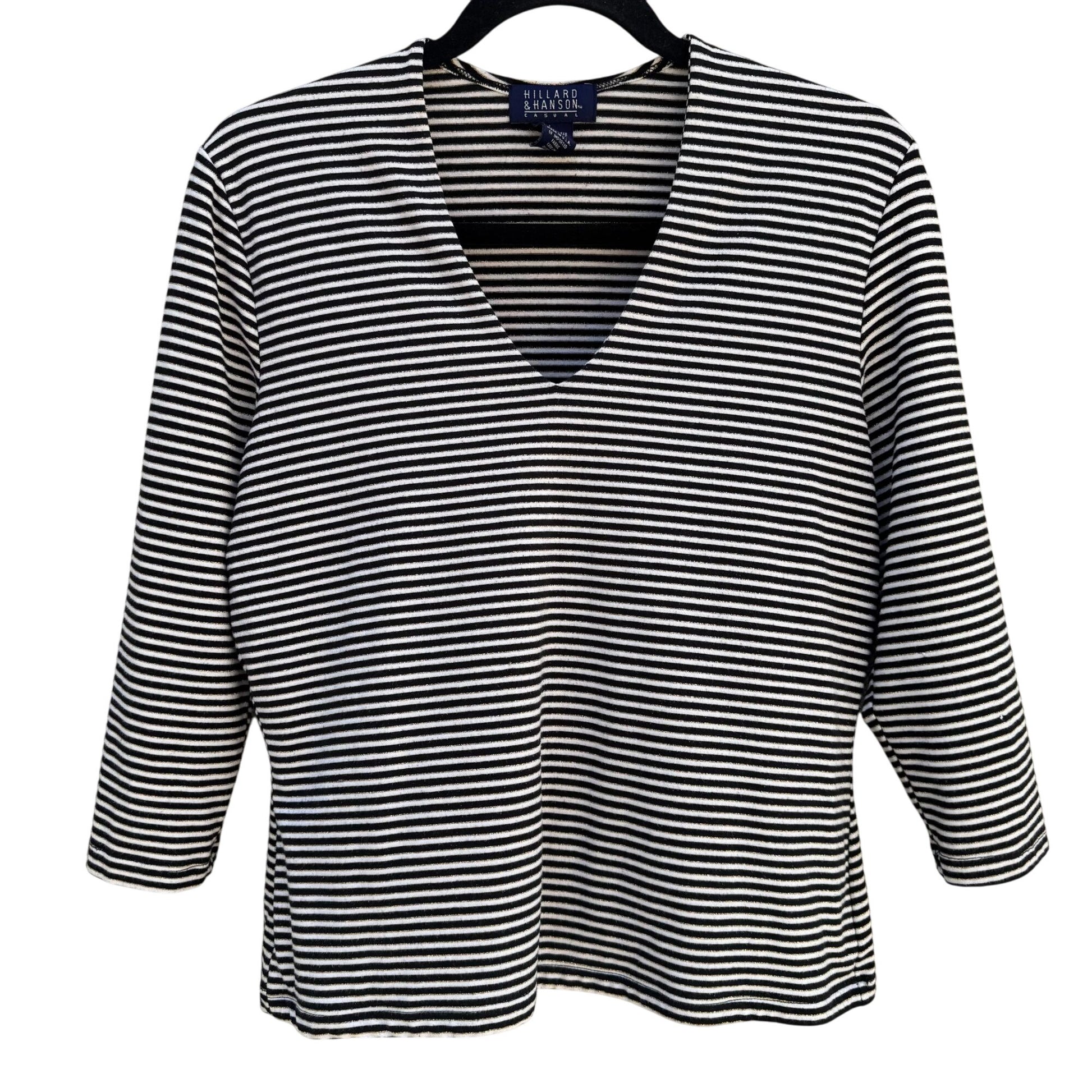 Hillard & Hanson Black/White Striped V-Neck 3/4 Sleeve V Neck Womens Shirt Top L