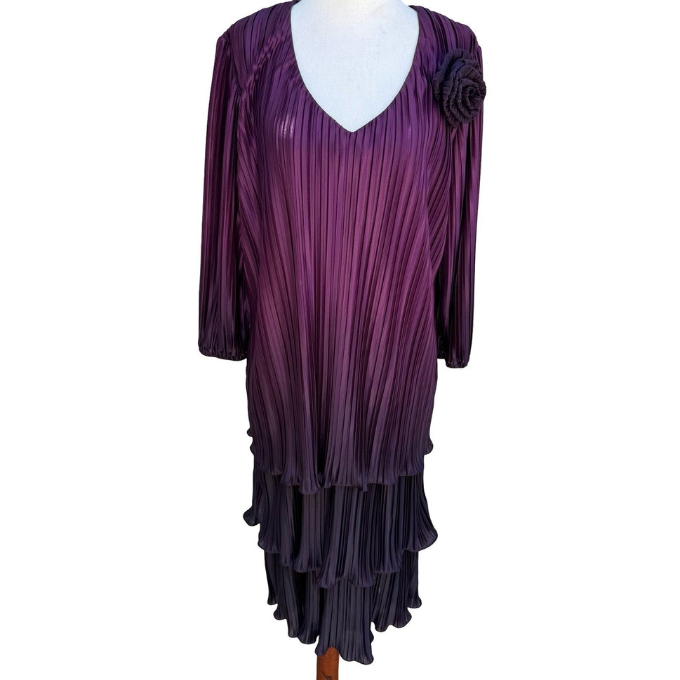 D'Albert Vintage 90s Purple Ombre Pleated Tiered Midi Dress Floral Rosette 8