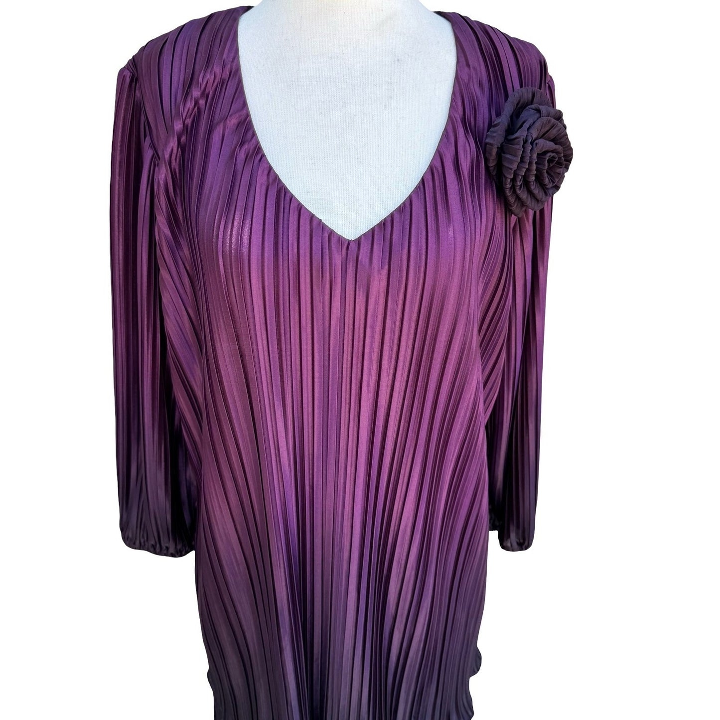 D'Albert Vintage 90s Purple Ombre Pleated Tiered Midi Dress Floral Rosette 8