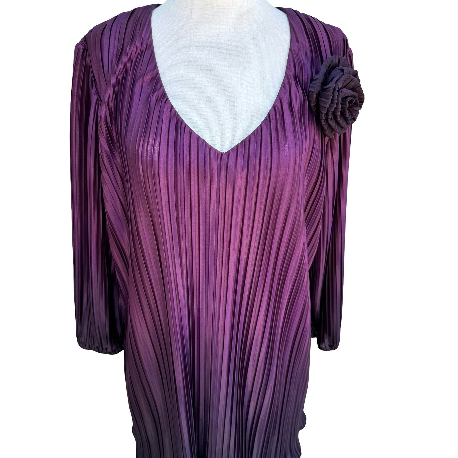 D'Albert Vintage 90s Purple Ombre Pleated Tiered Midi Dress Floral Rosette 8