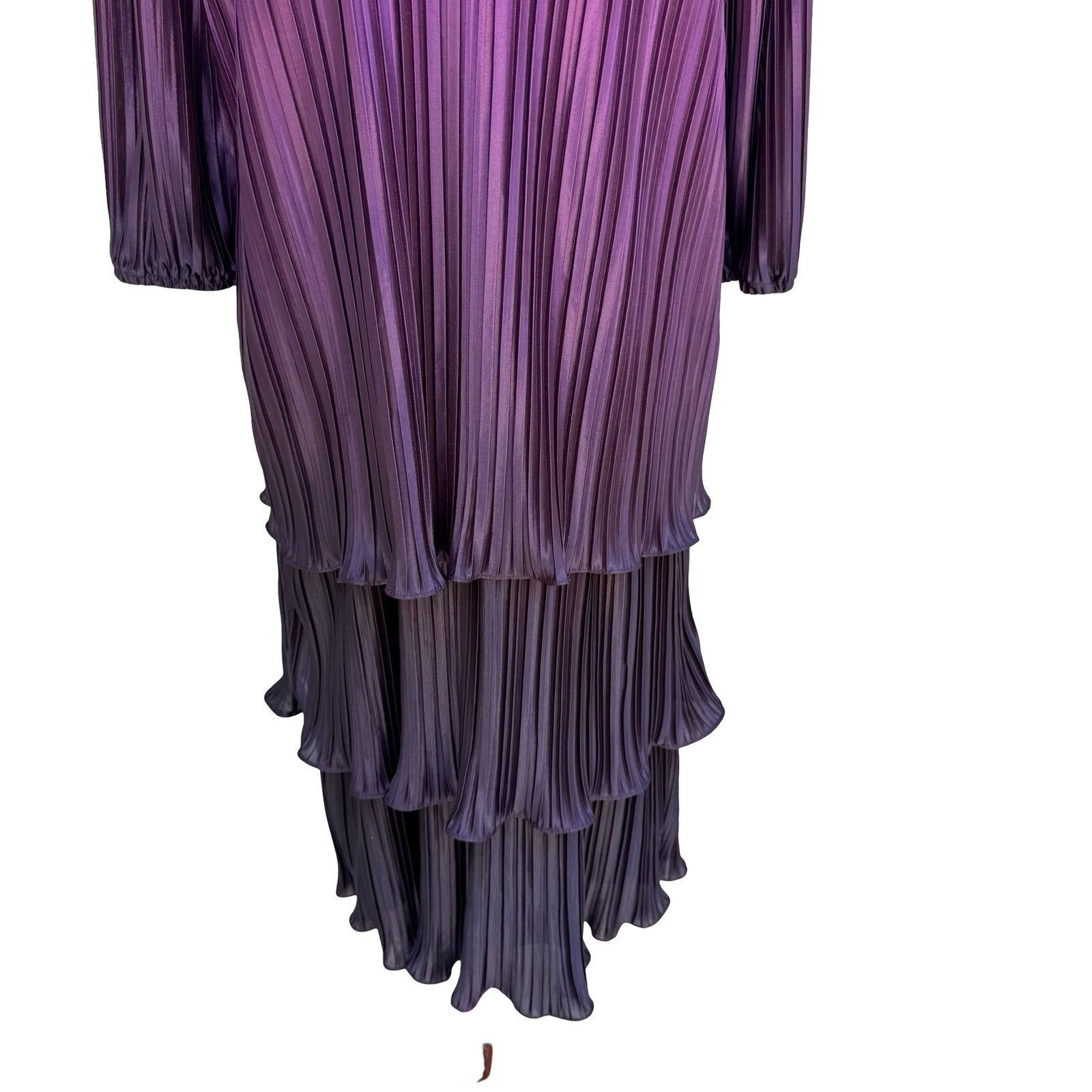 D'Albert Vintage 90s Purple Ombre Pleated Tiered Midi Dress Floral Rosette 8