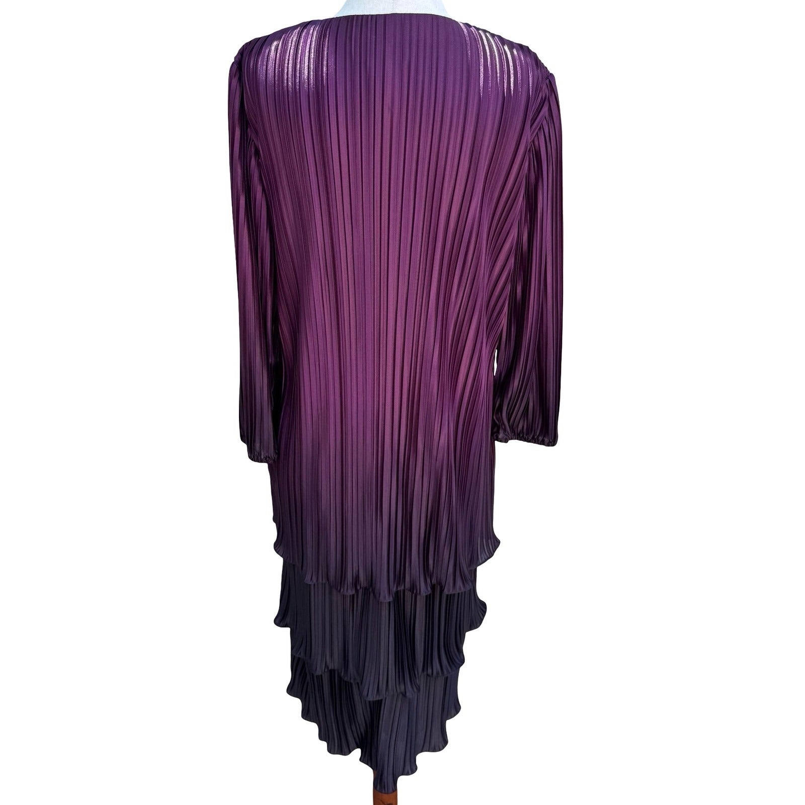 D'Albert Vintage 90s Purple Ombre Pleated Tiered Midi Dress Floral Rosette 8