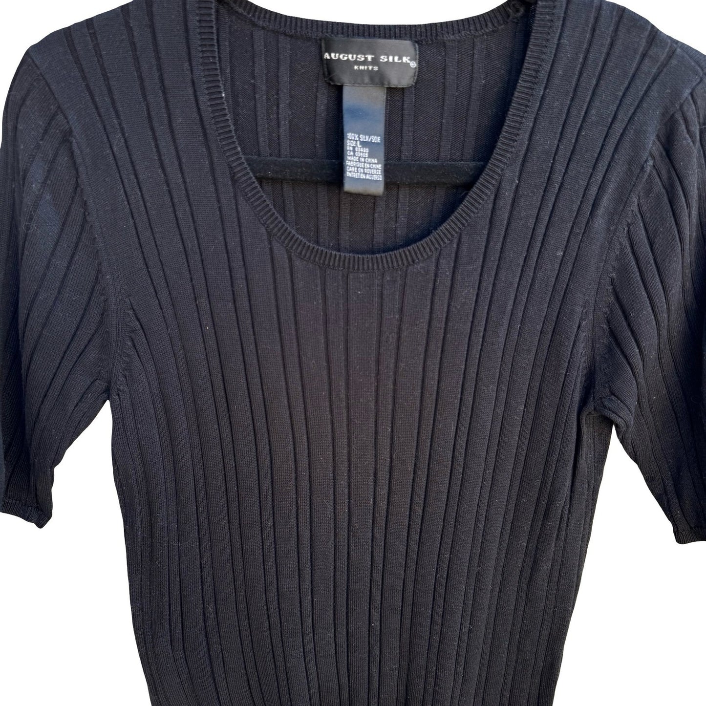 August Silk Y2K Minimalist 100% Silk Ribbed Quiet Luxury Knit Sweater Black L