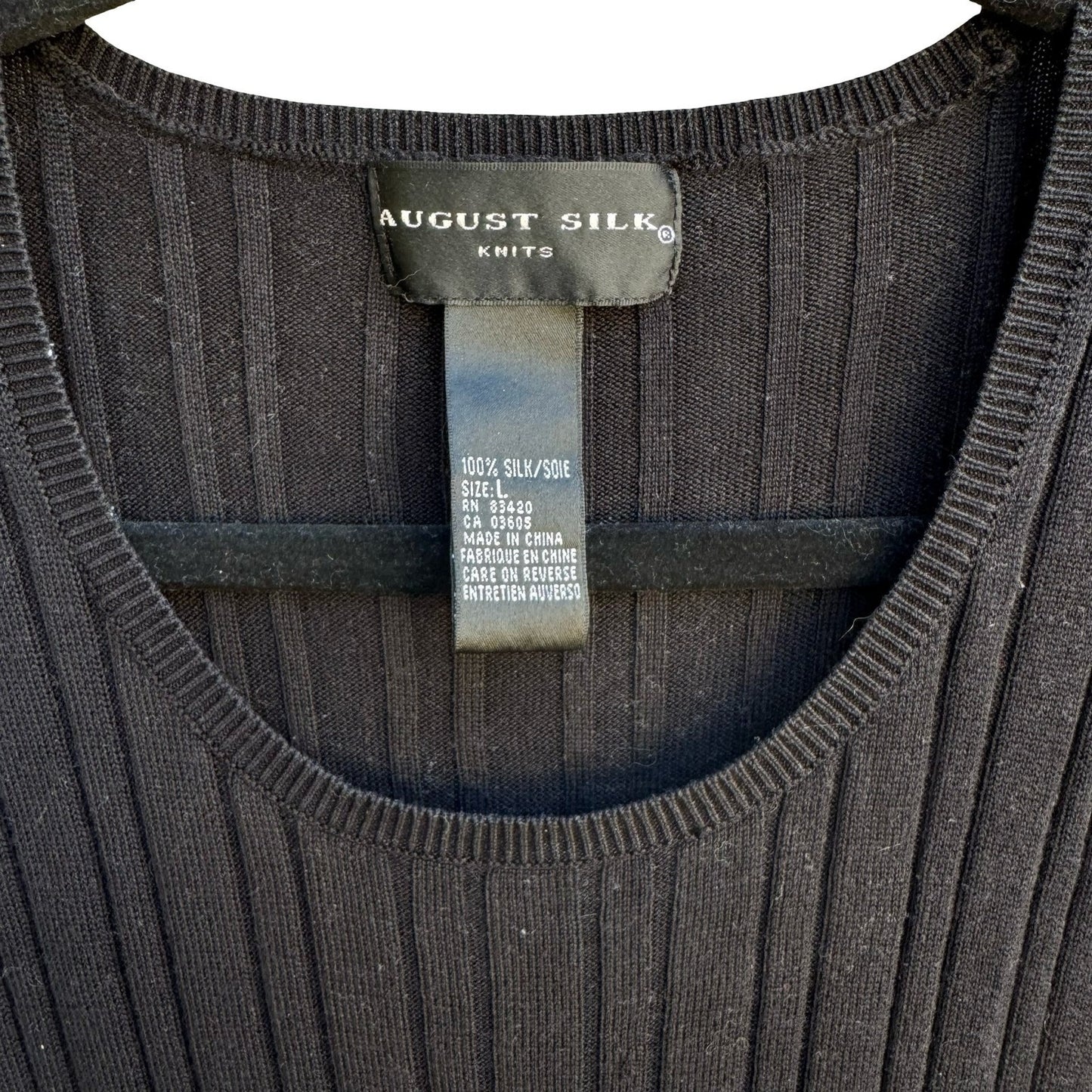 August Silk Y2K Minimalist 100% Silk Ribbed Quiet Luxury Knit Sweater Black L