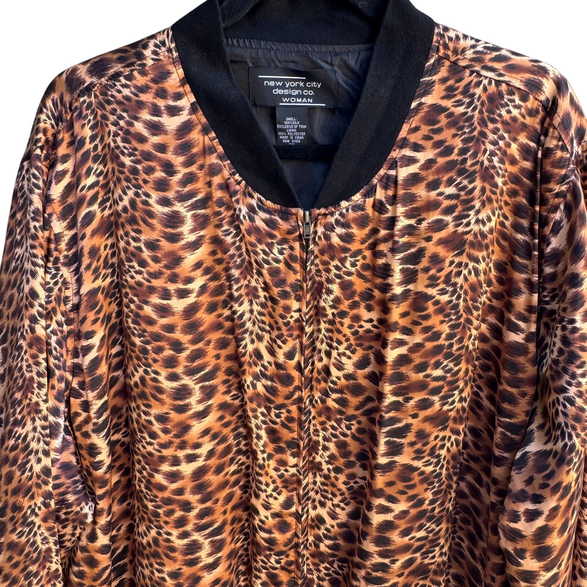 New York City Design Co Vintage Womens Oversized Silk Animal Print Bomber Jacket 3X