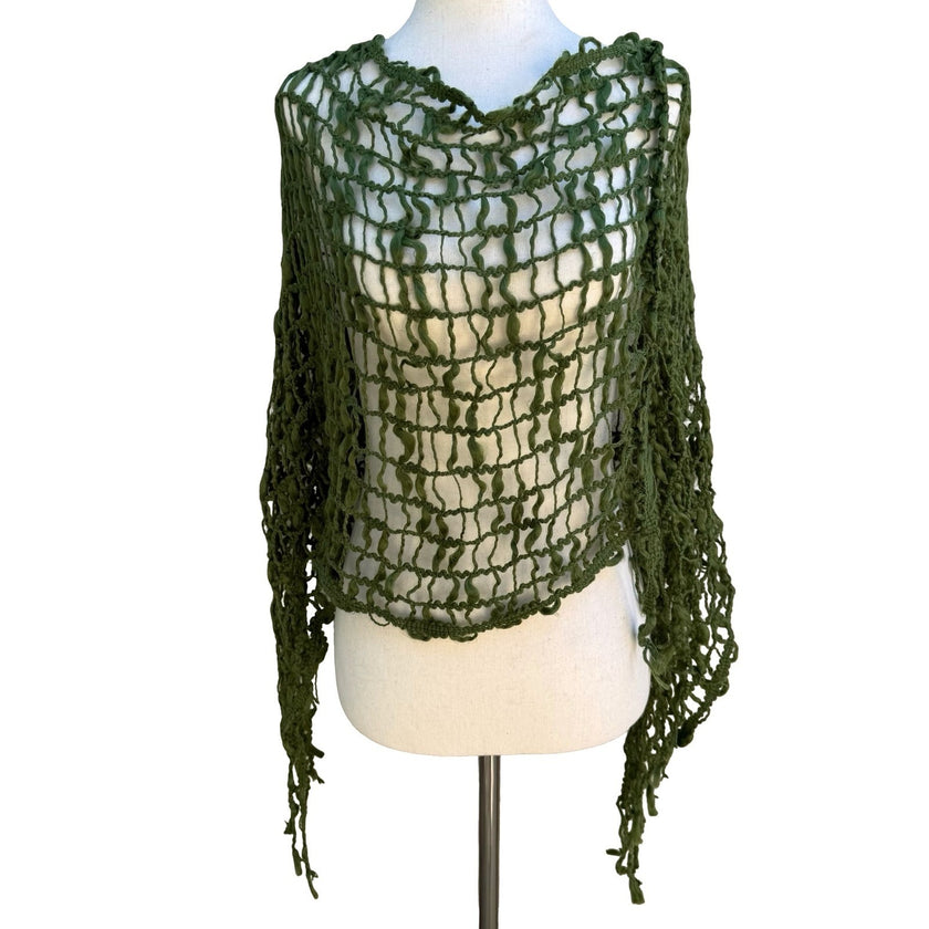 Boho Festival Goblin Fairycore Open Weave Crochet Asymmetrical Fringed Poncho OS