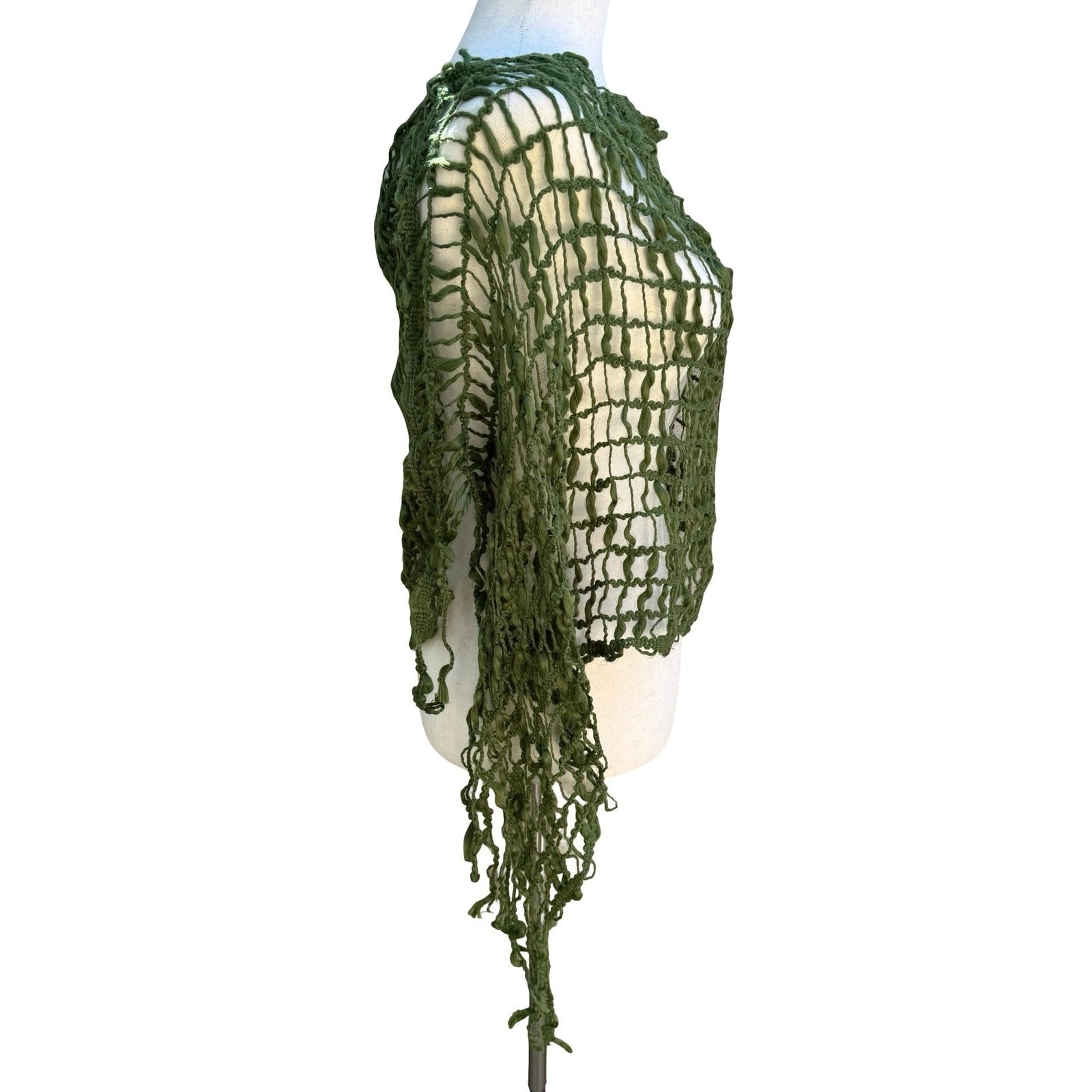 Boho Festival Goblin Fairycore Open Weave Crochet Asymmetrical Fringed Poncho OS
