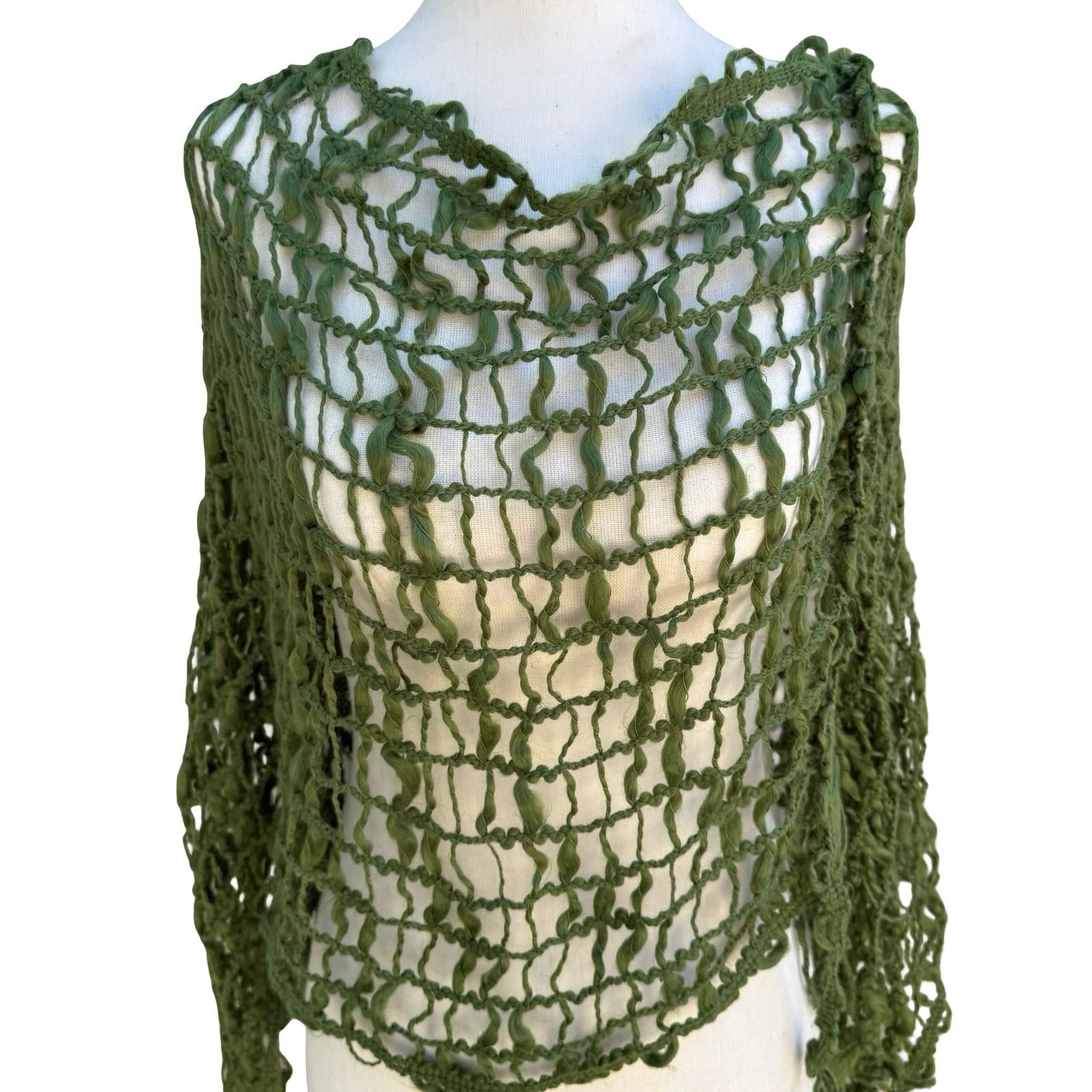 Boho Festival Goblin Fairycore Open Weave Crochet Asymmetrical Fringed Poncho OS
