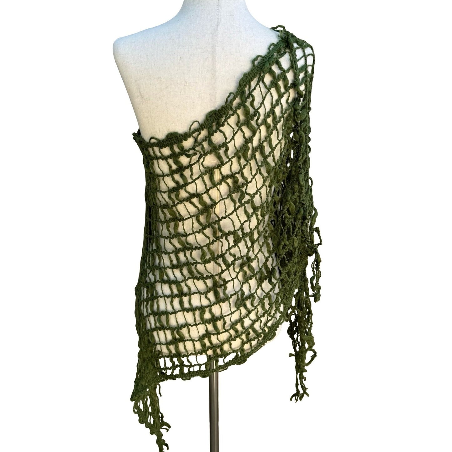 Boho Festival Goblin Fairycore Open Weave Crochet Asymmetrical Fringed Poncho OS