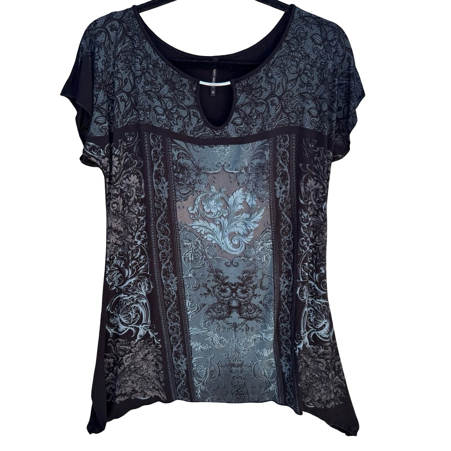 Skinny Minnie Whimsigoth Boho Baroque Print Keyhole Bar Tunic Top Black Womens M
