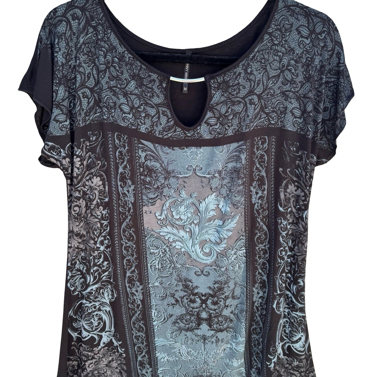 Skinny Minnie Whimsigoth Boho Baroque Print Keyhole Bar Tunic Top Black Womens M