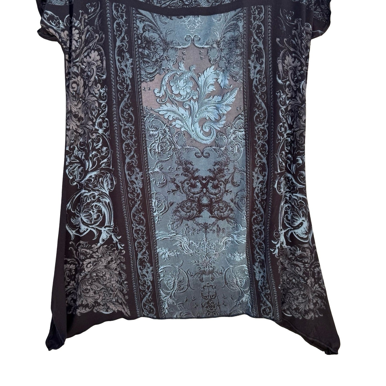 Skinny Minnie Whimsigoth Boho Baroque Print Keyhole Bar Tunic Top Black Womens M