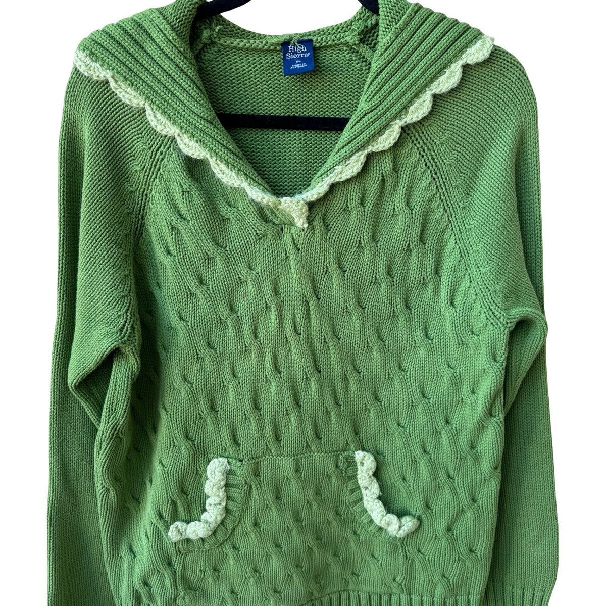 High Sierra Cottagecore Cable Knit Crochet Trim Cotton Hoodie Sweater Green XL